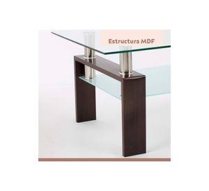 Mesa de centro para living rectangular de vidrio y madera oscura