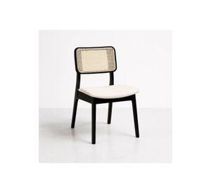 Silla de Comedor con Respaldo de Ratán y Asiento Tapizado - Beige