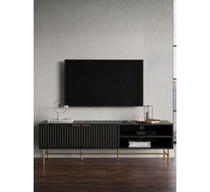 Rack TV  Queens Relan Estilo Madera Roble Negra Diseño Acanalado Con Puertas y Estantes 180 Cm