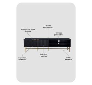 Rack TV Queens Relan Estilo Madera Roble Negra Diseño Acanalado Con Puertas y Estantes 180 Cm