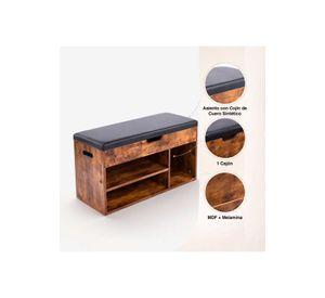 Banco Zapatero de Madera Rústica con Asiento Acolchado y Baúl de Almacenaje