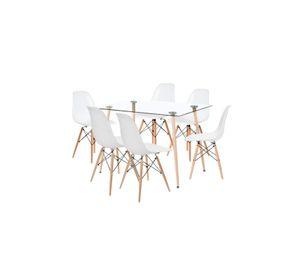 Comedor Mesa de Vidrio Rectangular 120x80 + 6 Sillas Eames Blancas