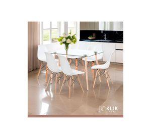 Comedor Mesa de Vidrio Rectangular 120x80 + 6 Sillas Eames Blancas