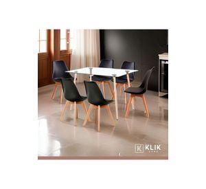Comedor Mesa de Vidrio Rectangular 120x80 + 6 Sillas Tulip Negras
