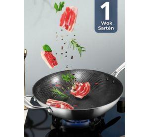 Sartén Wok de Acero Inoxidable Antiadherente Para Saltear Freír 34cm