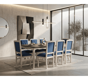 Comedor 8 Sillas Normando cubierta miel 100x200 tapizado Azul