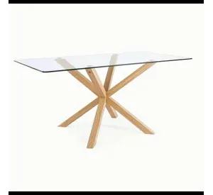 MESA DE VIDRIO COMEDOR WARM RECTANGULAR 160CM CON PATAS SIMIL MADERA