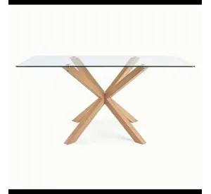 MESA DE VIDRIO COMEDOR WARM RECTANGULAR 160CM CON PATAS SIMIL MADERA