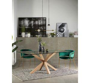 MESA DE VIDRIO COMEDOR WARM RECTANGULAR 160CM CON PATAS SIMIL MADERA