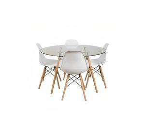 Comedor Mesa Eames Vidrio 100cm + 4 Sillas Eames Blancas