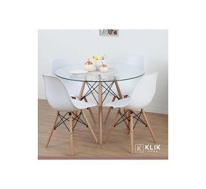 Comedor Mesa Eames Vidrio 100cm + 4 Sillas Eames Blancas