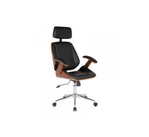 Silla oficina cuero negra con apoyabrazos madera y respaldo cabeza
