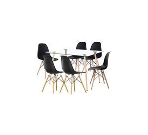 Comedor Mesa de Vidrio Rectangular 120x80 + 6 Sillas Eames Negras