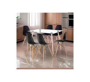Comedor Mesa de Vidrio Rectangular 120x80 + 6 Sillas Eames Negras
