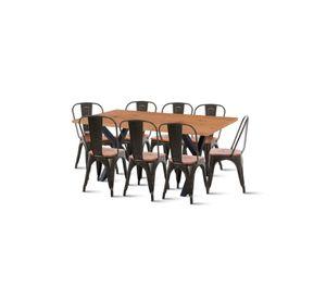 Comedor Color Madera y Metal Cross 180x90 + 8 sillas Tolix con asiento de madera Oscura - Negras