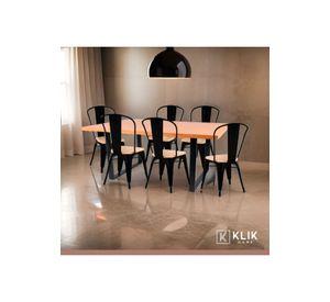 Comedor Estilo Industrial 160x90 Madera Clara + 6 sillas Tolix Negras con asiento de madera Clara