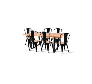 Comedor Estilo Industrial 160x90 Madera Clara + 6 sillas Tolix Negras con asiento de madera Clara