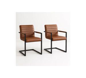 Pack de 2 Sillas Industriales de Cuero Sintético Marrón con Base Metálica – Café