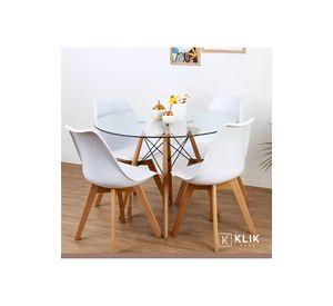 Comedor Mesa Eames Vidrio 100 cm + 4 Sillas Tulip Blancas