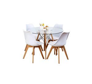 Comedor Mesa Eames Vidrio 100 cm + 4 Sillas Tulip Blancas