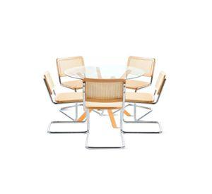 Comedor Mesa redonda de vidrio Cross 120cm + 5 Sillas Breuer madera