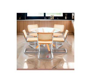 Comedor Mesa redonda de vidrio Cross 120cm + 5 Sillas Breuer madera
