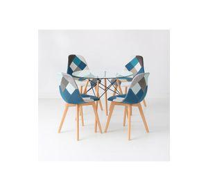 Comedor Mesa Eames Redonda vidrio 80cm + 4 Sillas Eames Patchwork Tela Wood Celeste