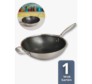 Sartén Wok de Acero Inoxidable Antiadherente Para Saltear y Freír 34cm