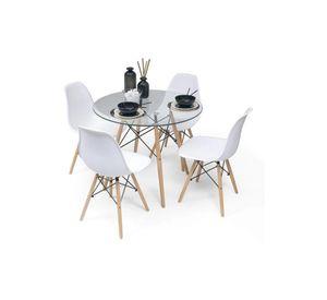 Comedor Mesa Eames Vidrio 80cm + 4 Sillas Eames Blancas