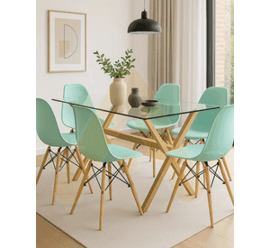 JUEGO DE COMEDOR RECTANGULAR VIDRIO X 140CM + 6 PUESTOS SILLAS EAMES
