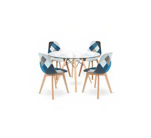 Comedor Mesa Eames Redonda vidrio 100cm + 4 Sillas Eames Patchwork Tela Wood Celeste