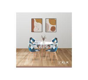 Comedor Mesa Eames Redonda vidrio 100cm + 4 Sillas Eames Patchwork Tela Wood Celeste
