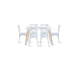 Comedor Rectangular Blanco 120x80cm + 6 Silla Crossback Danubio Blanca