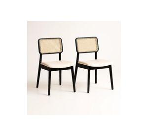 Pack de 2 Sillas de Comedor con Respaldo de Ratán y Asiento Tapizado - Beige