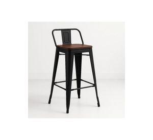 Taburete Tolix Negro Alto con Respaldo para bar o terraza - Asiento de Madera Oscura Walnut