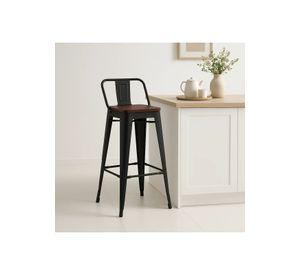 Taburete Tolix Negro Alto con Respaldo para bar o terraza - Asiento de Madera Oscura Walnut