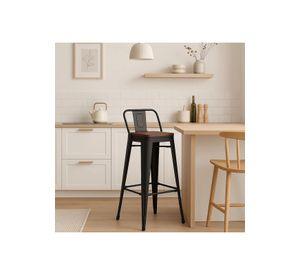 Taburete Tolix Negro Alto con Respaldo para bar o terraza - Asiento de Madera Oscura Walnut