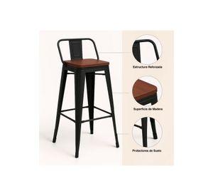 Taburete Tolix Negro Alto con Respaldo para bar o terraza - Asiento de Madera Oscura Walnut