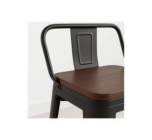 Taburete Tolix Negro Alto con Respaldo para bar o terraza - Asiento de Madera Oscura Walnut