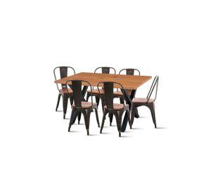 Comedor Color Madera y Metal Cross 140x90 + 6 sillas Tolix con asiento de madera Oscura - Negras