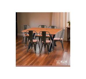 Comedor Color Madera y Metal Cross 140x90 + 6 sillas Tolix con asiento de madera Oscura - Negras