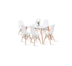 Comedor Mesa de Vidrio Nórdica 140x90 cm + 6 Sillas Eames Blancas
