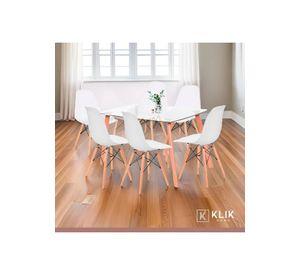 Comedor Mesa de Vidrio Nórdica 140x90 cm + 6 Sillas Eames Blancas