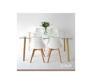 Comedor Mesa de Vidrio Nórdica 140x90 cm + 4 Sillas Tulip Blancas