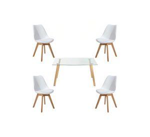 Comedor Mesa de Vidrio N贸rdica 140x90 cm + 4 Sillas Tulip Blancas