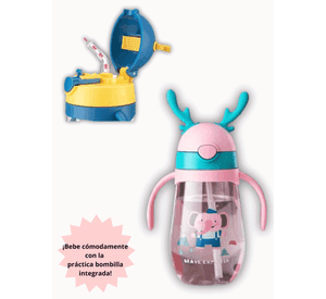 Botella Plástica 480 ML Con Bombilla Y Orejitas Kawai Sin BPA Niños Elephant
