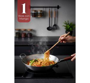 Sartén Wok de Hierro Concavo Con Mango de 34cm Plateado