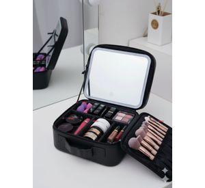 Estuche Maquillaje 2 en 1 Bolso Cosmetiquero Espejo Con Luz Led Organizador Negro