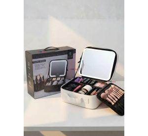 Estuche Maquillaje 2 en 1 Bolso Cosmetiquero Espejo Con Luz Led Organizador Blanco