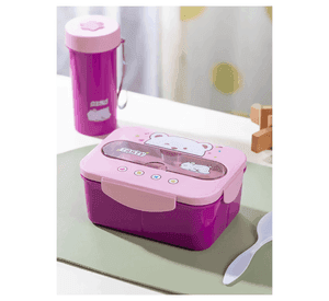 Fiambrera Contenedor Osito 1200 Ml Táper Hermético + Cubiertos y Vaso Infantil Pink